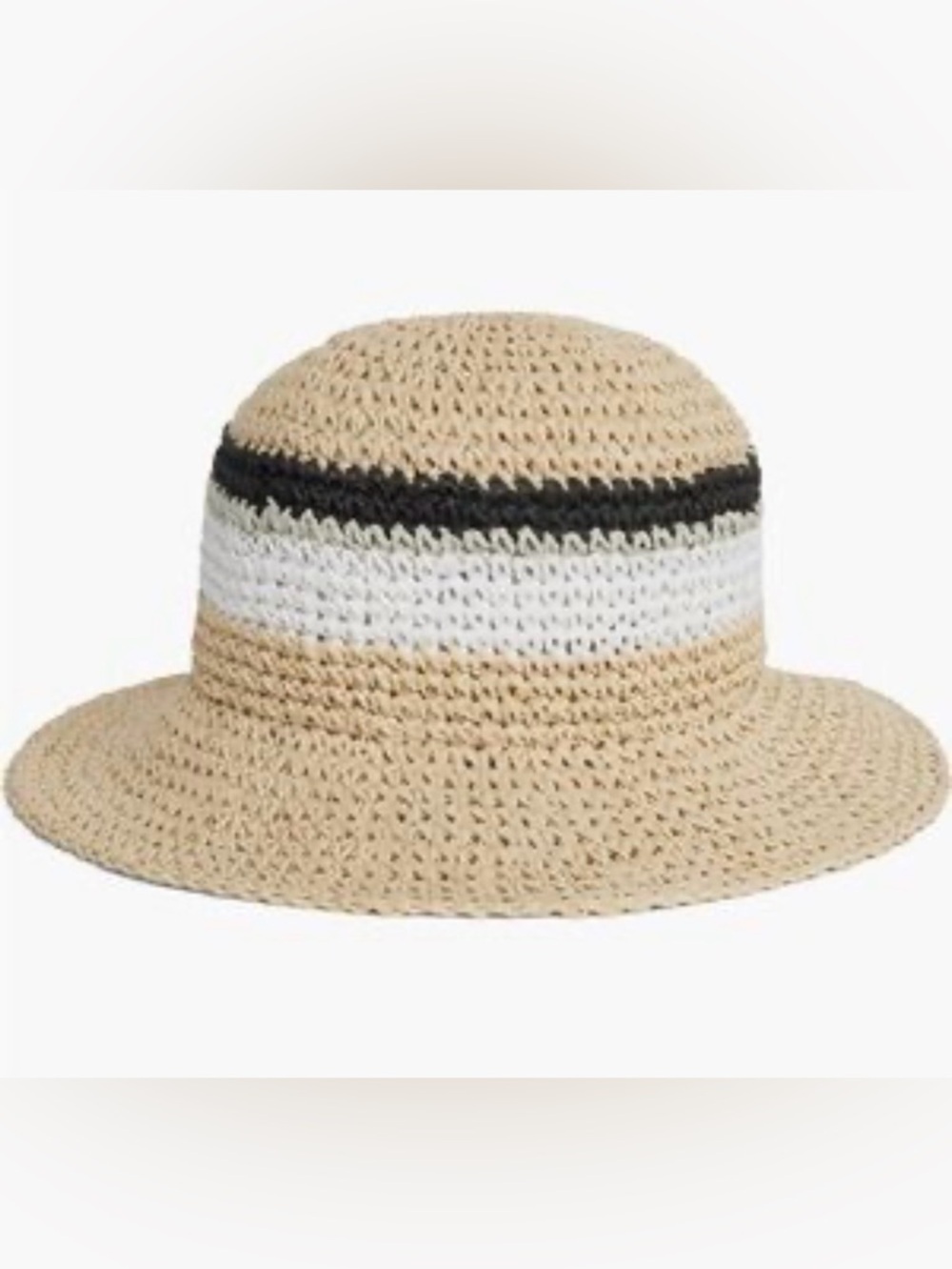 NWT Adjustable Badgley Mischka Beige Crochet Sun Hat with White & Black Bands